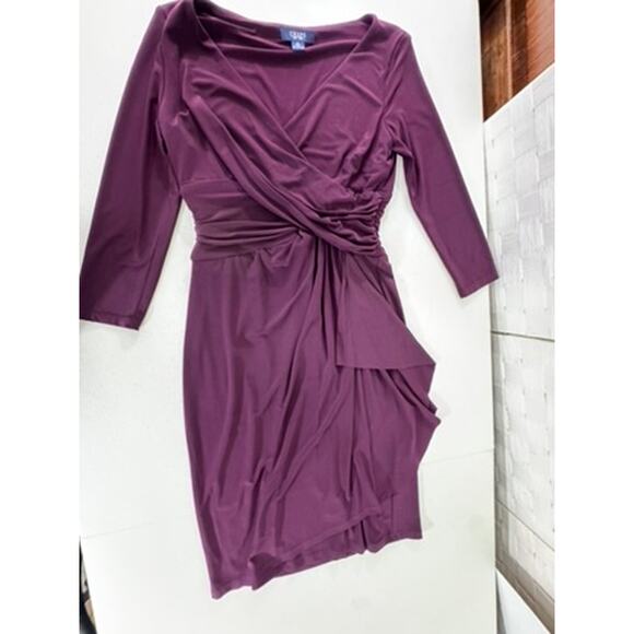 "Chaps" Women Purple Babydoll Ruched Dress Sz S 3/4 Sleeve Midi Office Work Wear - Picture 3 of 9